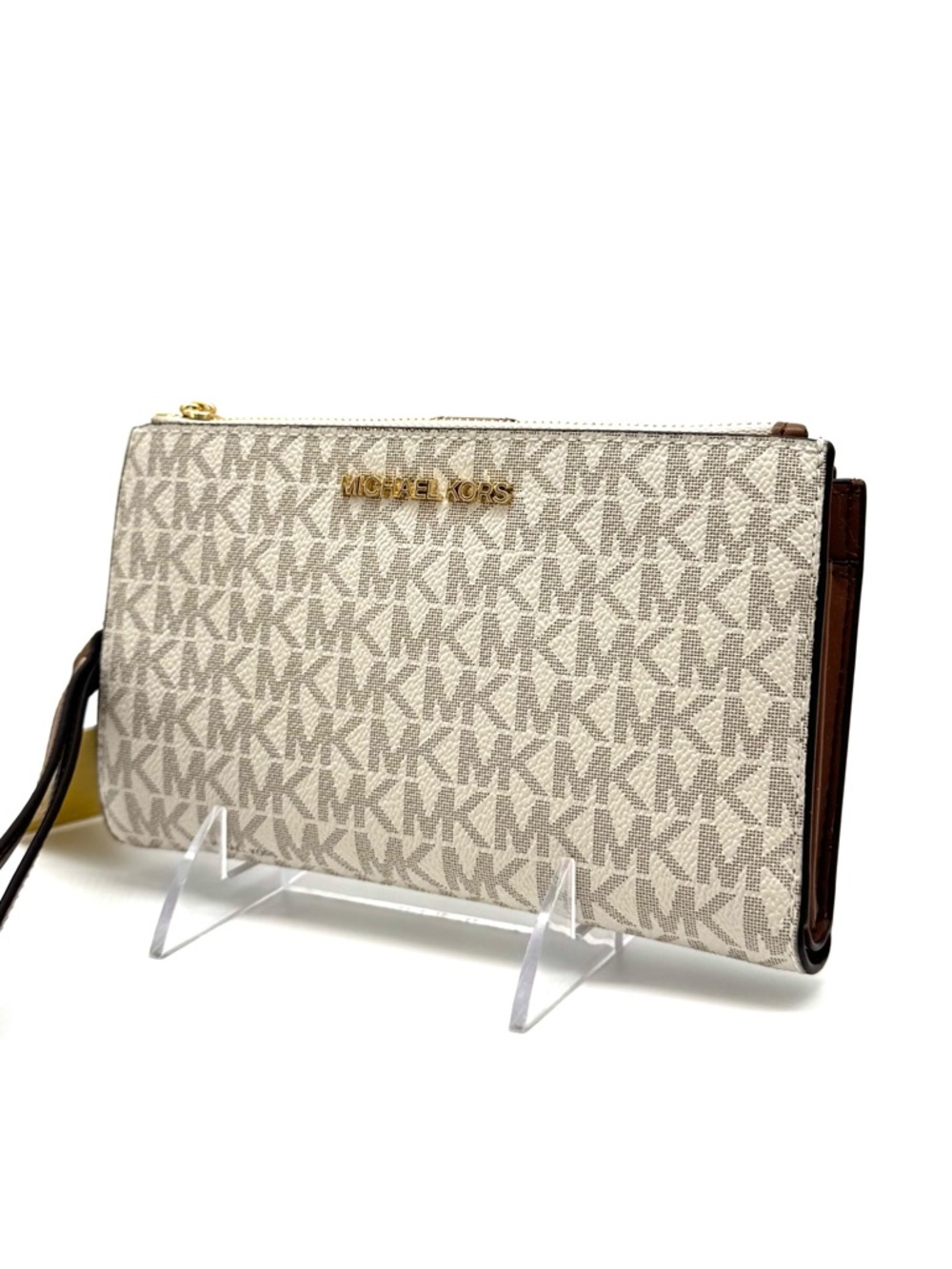 Michael Kors Large Double Zip Wallet Wristlet Vanilla/Brown - Picture 2 of 9